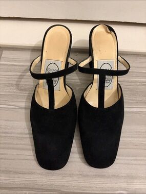 Emma Hope Vintage Black Suede Square-Toe T-Strap Mules